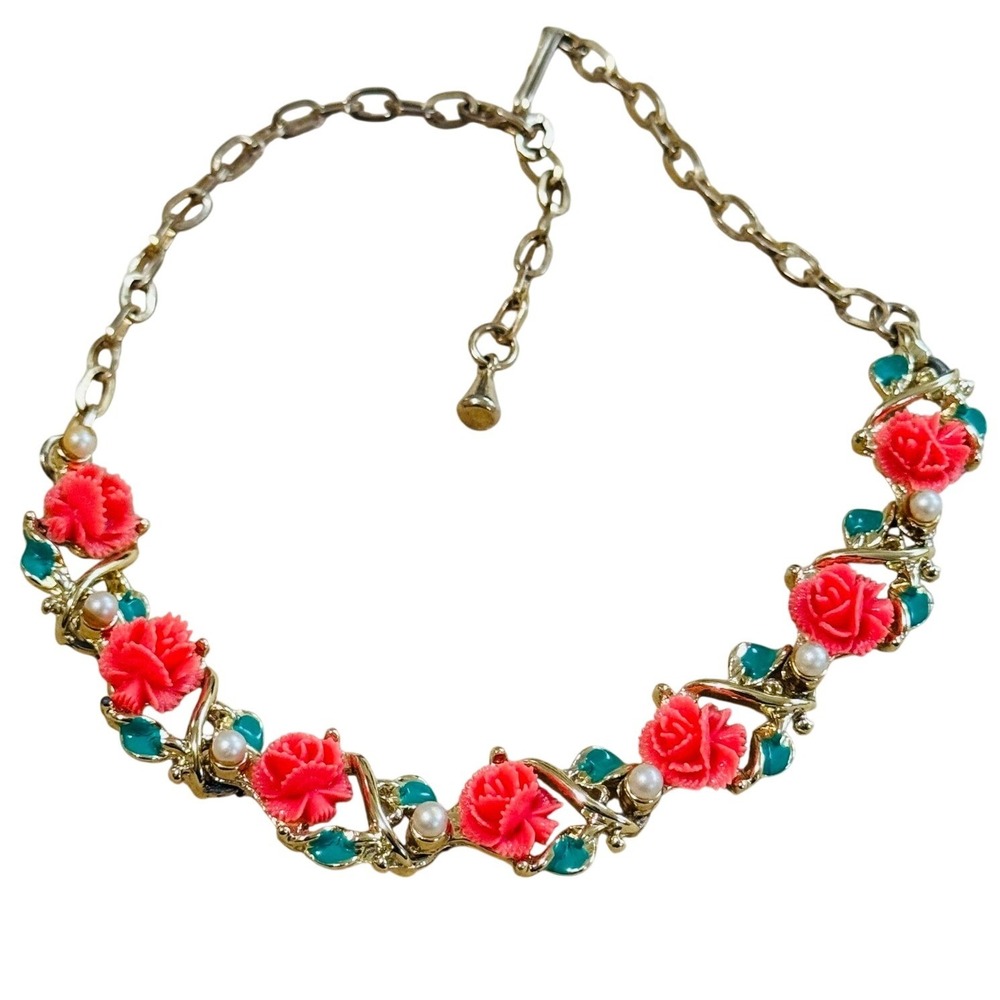 VTG Regency Style pearl Necklace Blooming Rose Enamel Gold Tone Flower Retro 50s